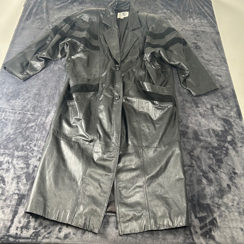 LNR Trench Coat Womens Large Black Leather Suede Panelled Longline Jacket
